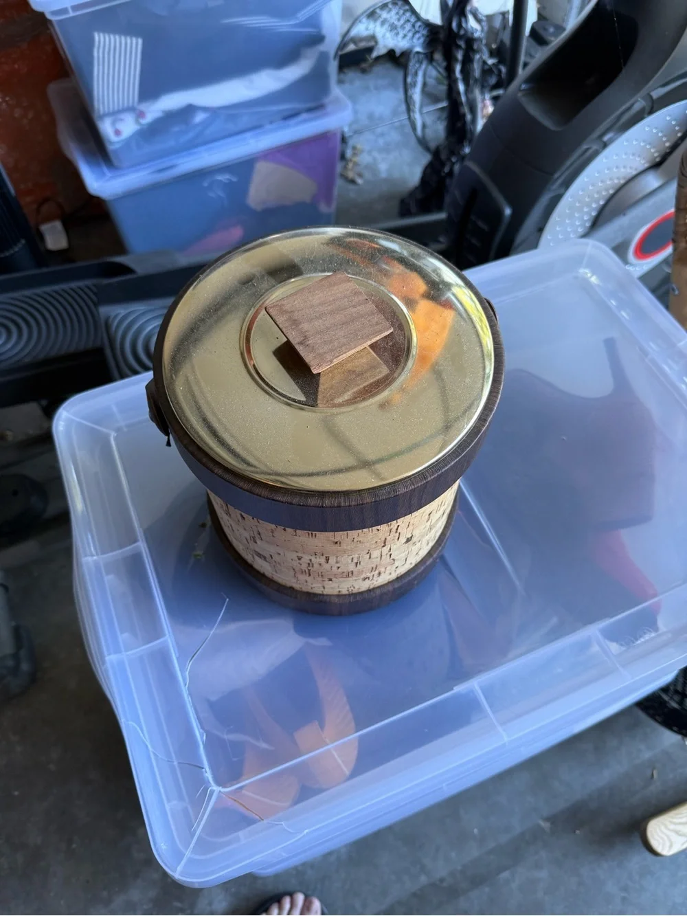 Midcentury Cork & Wood Ice Bucket with Brass Lid